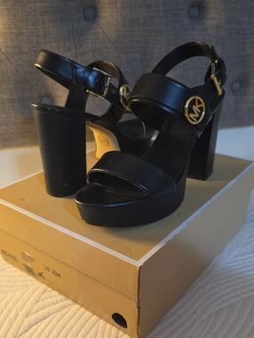 Michael Kors Black Leather Platform Block-Heel Sandals with Gold MK Medallion